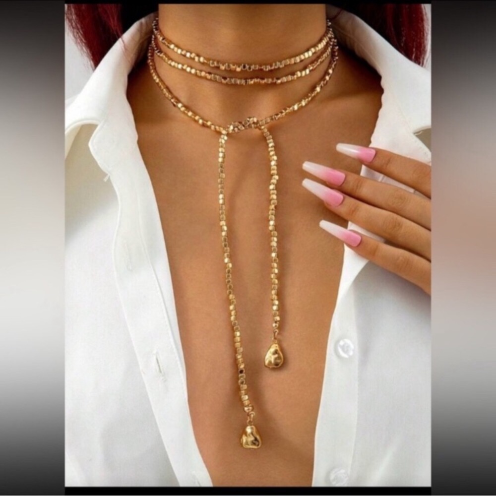 18k Gold Plated Beaded Lariat Necklace Long Statement Wrap Chain 55” New